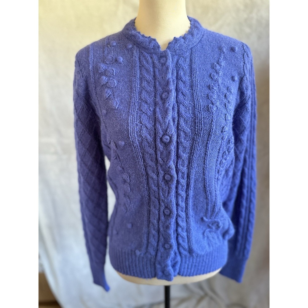 Peruvian Connection 100% Alpaca Hand Knit Cardigan Purple Cable Bobble Artisan M